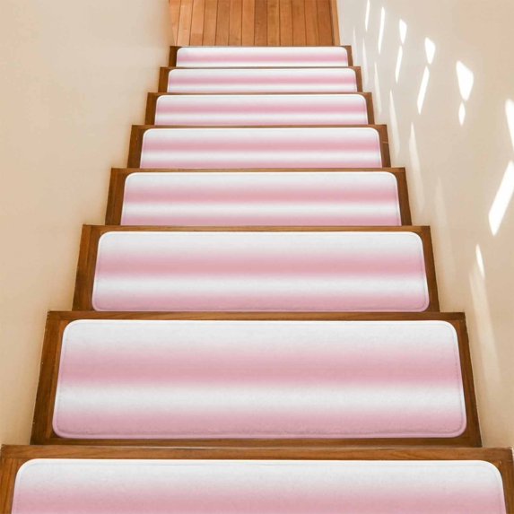 White and Pink Gradient Stair Treads Non Slip for Steps Minimalist Rose Pink Ombre Modern Art 10 Pcs Reusable Adhesive Stair Runner Mats for Dogs Elders Carpet Treads Rugs for Staircase 8x30 In