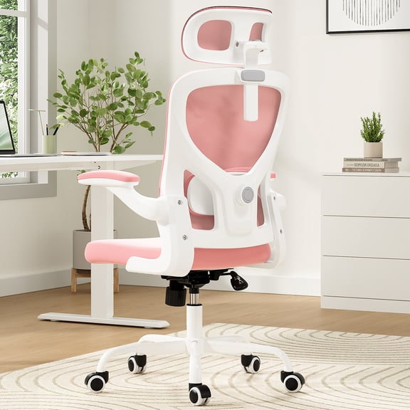White & Pink High Back Ergonomic Office Chair with Headrest & Adjustable Lumbar Support for Home Office Study Room