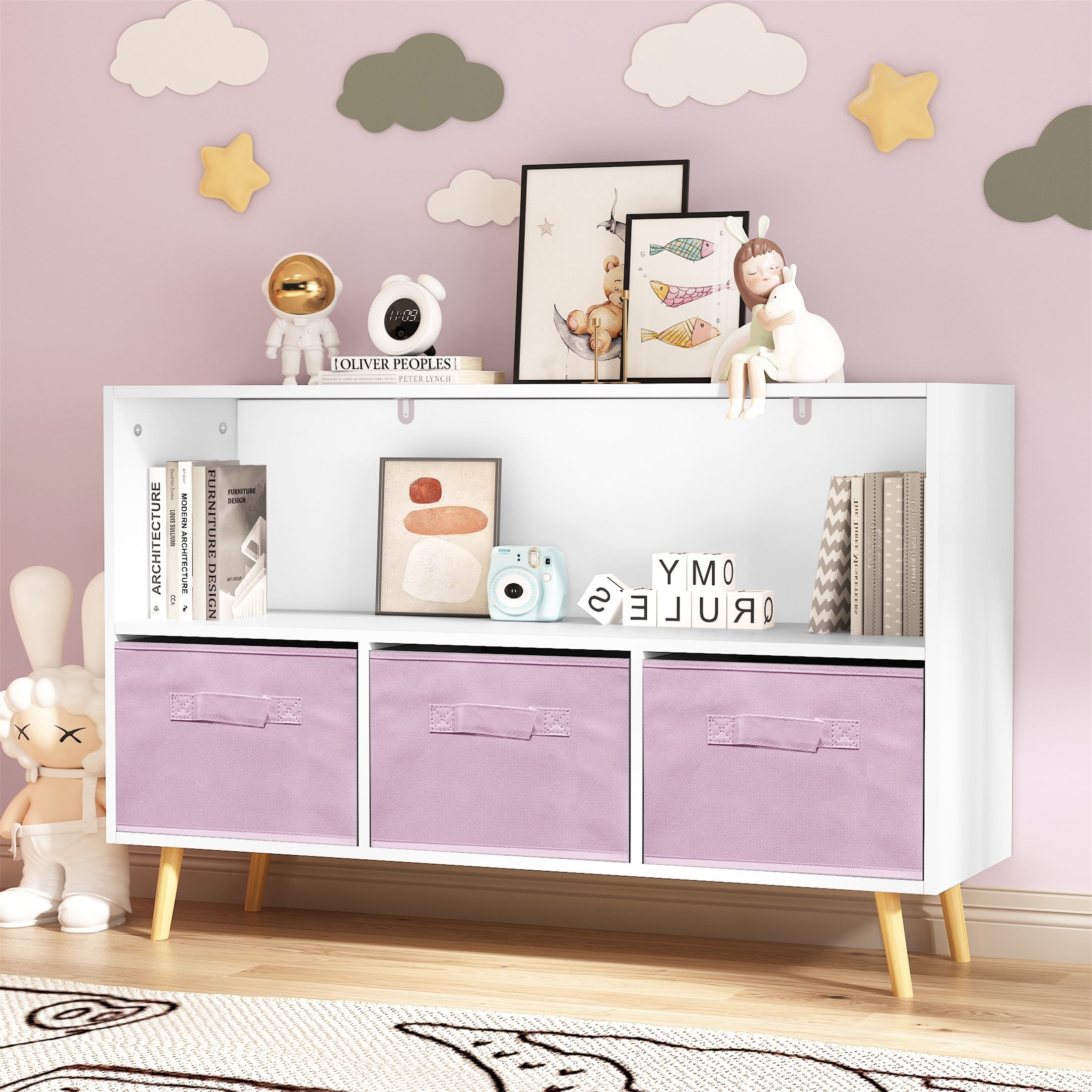 White and Pink Kids Bookcase with 3 Fabric Drawers, 6-Cube Toy Storage Organizer with Wall Anchor, 20-Gallon Capacity Children's Bookshelf for Nursery, 23.6 Inches High