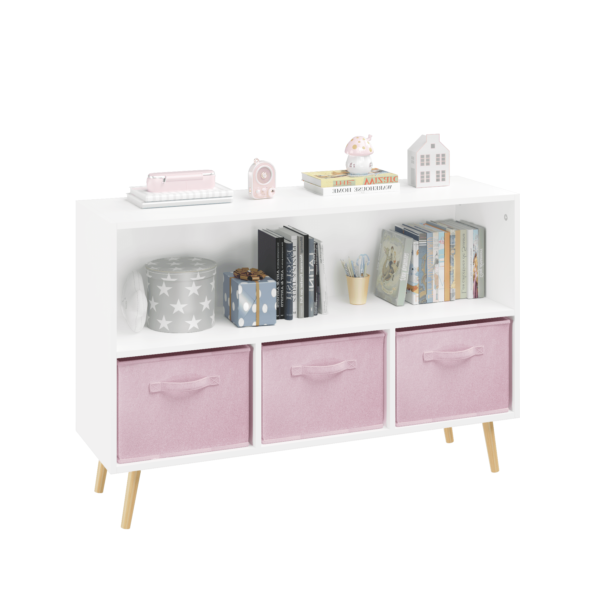White & Pink Kids Bookcase with Fabric Drawers, MDF Storage Cabinet for Toys & Books - Wall-Mounted Safety Design, Easy Assembly (35.4"x11"x23.6")