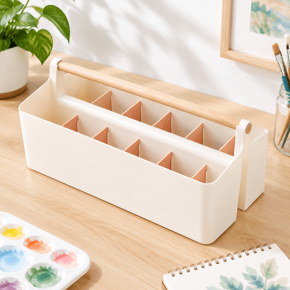 White+Pink Large Plastic Art Supply Storage Crate with Handle and Dividers