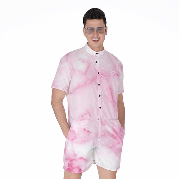White Pink Marble Short Sleeve Men'S Rompers Casual Summer Jumpsuits Outfit