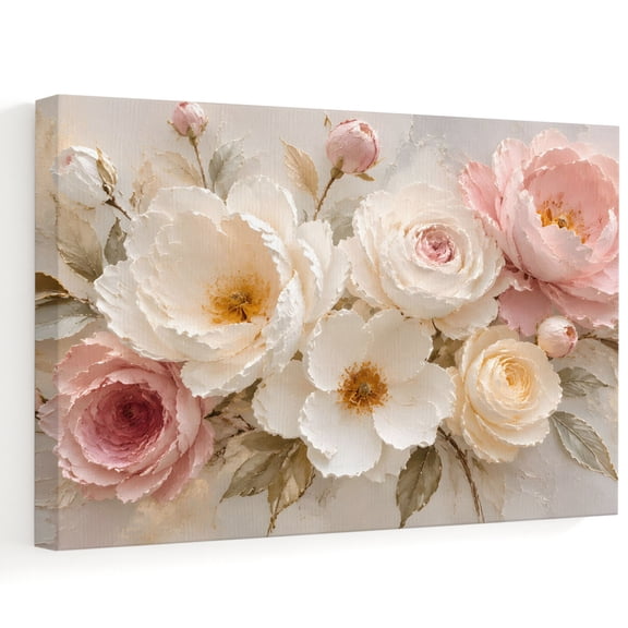 White Pink Rose Peony Canvas Wall Art, Rustic Plaster Floral Impasto Relief Flower Wall Art Prints Artwork Framed Canvas Ready to Hang Art Pictures for Bedroom Living Room Closet Kitchen 16" x 12"
