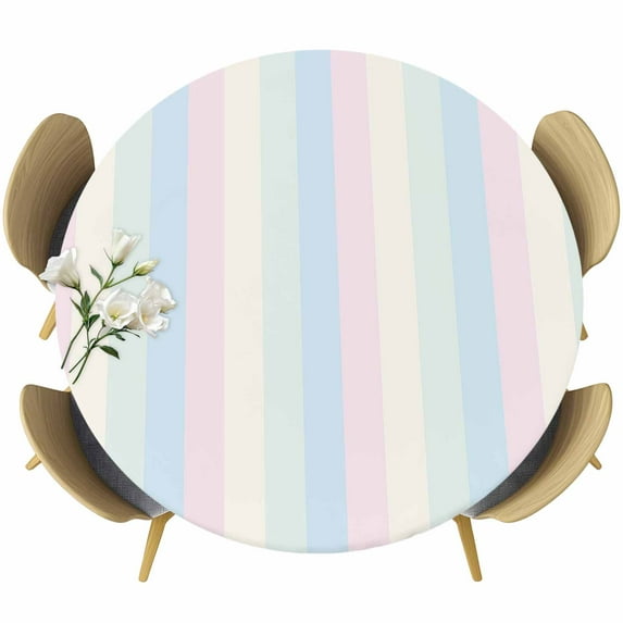 White Pink Round Fitted Table Cover and Light Blue Simple Line Colored Block Waterproof Table Cloth with Elastic Edge Wipeable Tablecloth for Picnic Camping Party Fits 45"-54" Diameter
