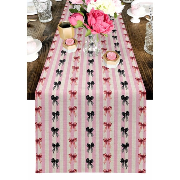 White Pink Striped Table Runner, Black Bows Red Bow Vintage Washable Cotton-linen Table Runners Dining Kitchen Decoration for Everyday Home Wedding Party Decor, 13 x 120 Inch