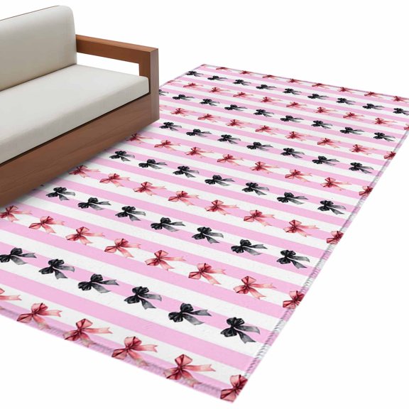 White Pink Striped Washable Area Rug 4 x 6 ft Simple Black Bows Red Bow, Soft Non Slip Rugs Stain Repellent Indoor Felt Carpet for Living Dining Room Bedroom Home Office