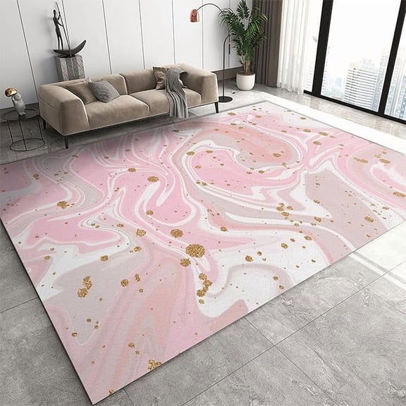 White Pink Swirl Marble Area Rugs, Gold Dots Carpet For Girl's Bedroom, Rug For Living Room Machine Washable Soft Comfortable For Dining Room Office Study 4 x 6ft