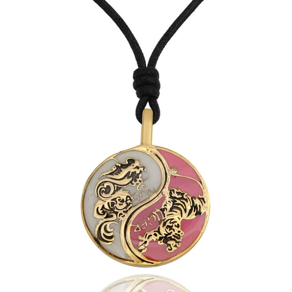 White & Pink Tiger Dragon Yin Yang Handmade Brass Necklace Pendant Jewelry With Cotton Cord