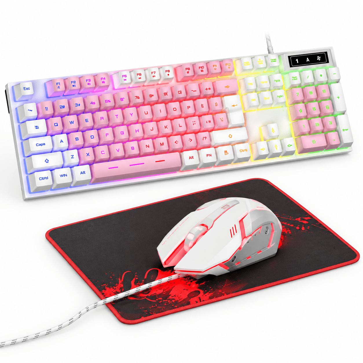 White & Pink Wired LED Gaming Mouse and Pad Set for PC Laptop PS4 PS5 ...