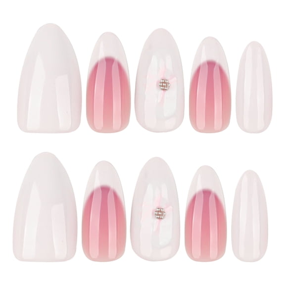 White, Pink, and Gold French Tip and Ombre Press on Nails, Medium Stiletto Glossy Fake Nails with Metal Accents, 24 Count