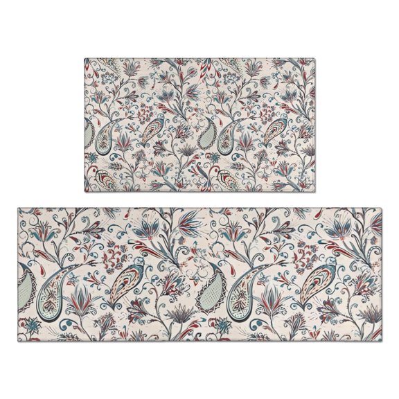 White Pioneer Flower and Paisley Pattern Kitchen Rugs Sets Of 2,Anti Fatigue Kitchen Mat Rugs Non Slip Washable,Decorative Kitchen Floor Mats for Kitchen,Sink,Laundry,17"x30"+17"x47"