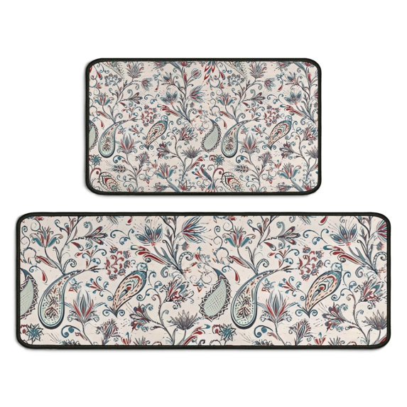 White Pioneer Flower and Paisley Pattern Kitchen Rugs Sets Of 2,Anti Fatigue Kitchen Mat Rugs Non Slip Washable,Decorative Kitchen Floor Mats for Kitchen,Sink,Laundry,17"X30"+17"X47"