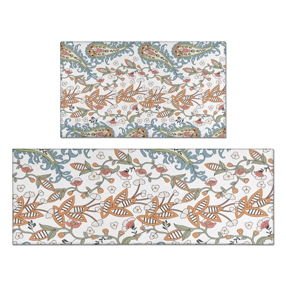 White Pioneer Flower and Paisley Pattern Kitchen Rugs Sets Of 2,Anti Fatigue Kitchen Mat Rugs Non Slip Washable,Decorative Kitchen Floor Mats for Kitchen,Sink,Laundry,17"x30"+17"x47"