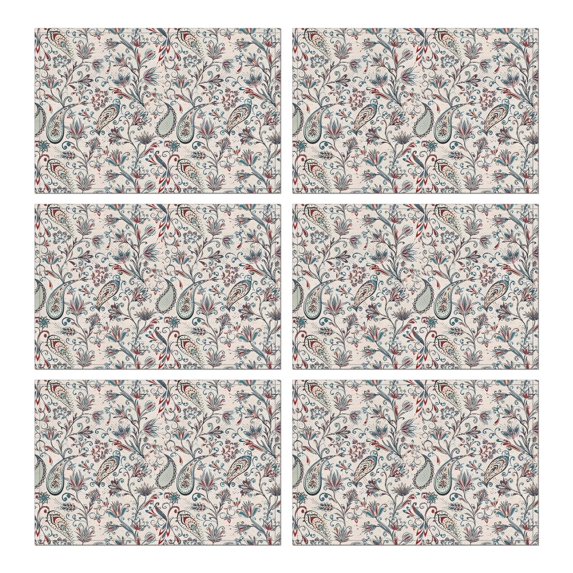 White Pioneer Flower and Paisley Pattern Summer Placemats Table Placemats Set Of 6-Linen Kitchen Washable Placemats Table Mats 11.8"x17.7" Non-Slip Heat Resistant