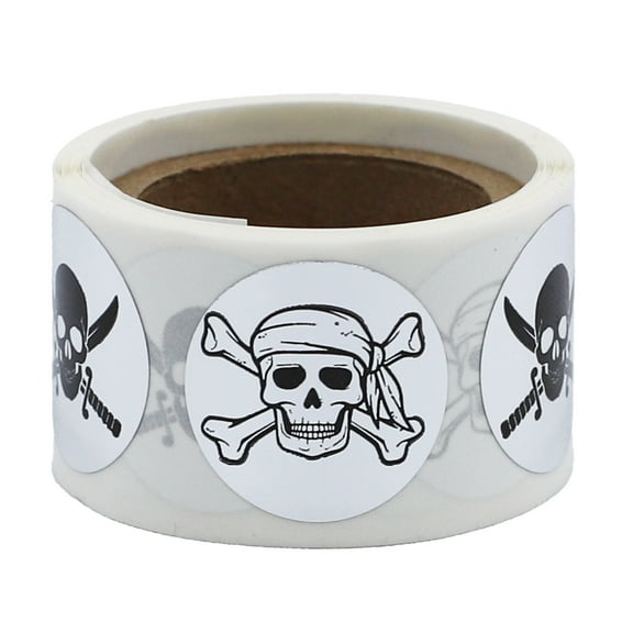 White Pirate Skull and Crossbones Stickers | 0.75" Inch Round - 100 Pack