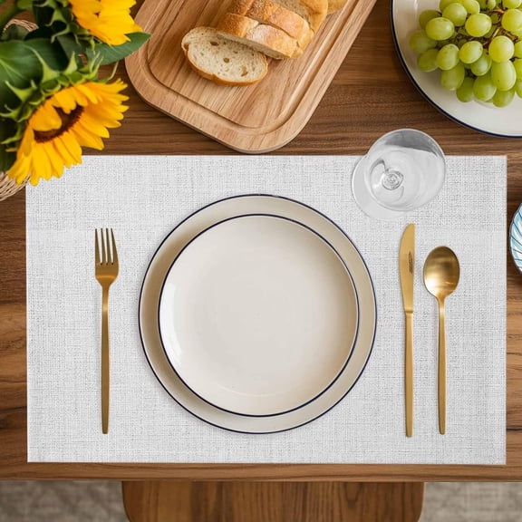 White Placemats Set of 2, Farmhouse Burlap Placemats for Dining Table, Solid White Color Place Mats for Kitchen Tabletop, Modern Linen Texture Waterproof Wipeable Dining Table Mats Set