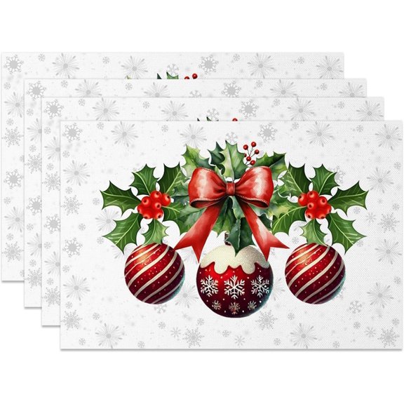 White Placemats Set of 4 Christmas Balls Snowflakes Table Mats Durable Heat Resistant Waterproof Place Mats 12x18 Inch for Winter Party Kitchen Dining Decor