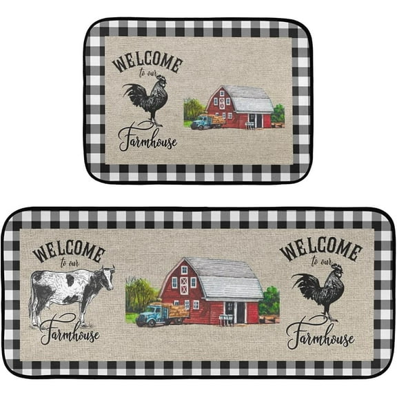 White Plaid Buffalo Farmhouse Rooster Kitchen Rugs and Mats Set 2 Piece Non Slip Washable Runner Rug Set of 2 for Kitchen Sink Floor Home Decor Laundry Welcome