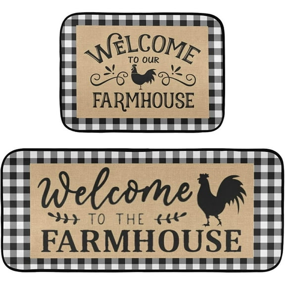 White Plaid Buffalo Rooster Kitchen Rugs and Mats Set 2 Piece Non Slip Washable Runner Rug Set of 2 for Floor Kitchen Laundry Home Decorative Welcome