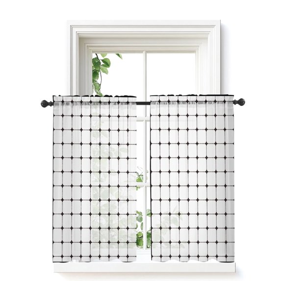 White Plaid Curtains 45 Inch Length,Sheer Curtains for Bedroom Living Room Window Farmhouse Modern Simple Black Line Grid Points Rod Pocket Drapes Kitchen Curtains Small Half Window 42"x45" 2 Panels