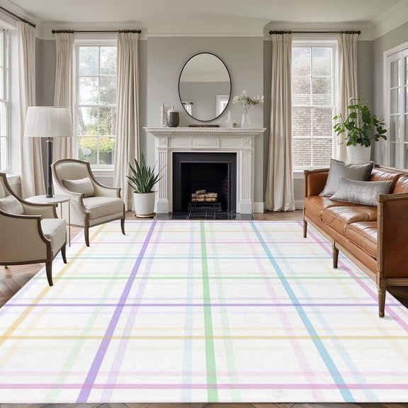 White Plaid Grid 6'x9' Area Rug for Living Room, Colorful Line Modern Simple Geometric Non-Slip Floor Mat Rugs for Bedroom Dining Room, Indoor Large Carpet for Classroom, Nursery Rugs for Playroom