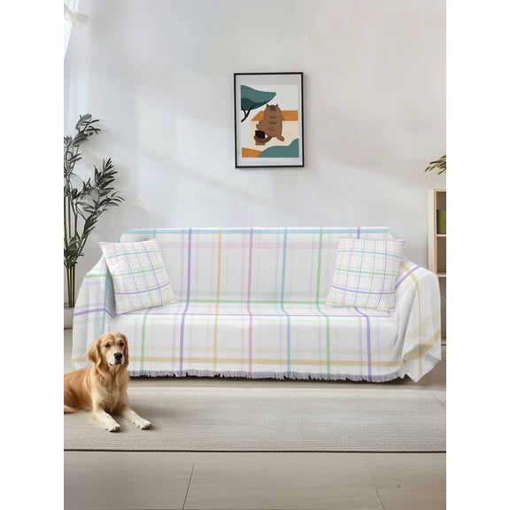 White Plaid Grid Couch Cover, Colorful Line Modern Simple Geometric Oversized Sofa Cover Blanket for 3 Cushion Couch, Sectional Sofa Slipcover Furniture Protector for Living Room Bedroom 71''x150''