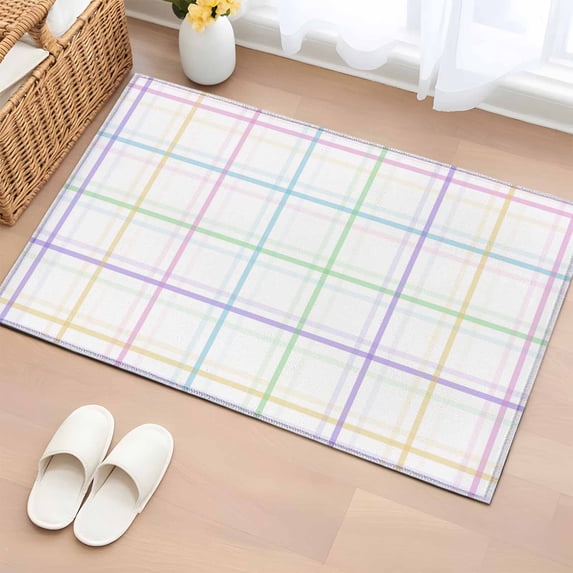 White Plaid Grid Entryway Rug 2'x3' Non Slip Front Door Mats, Colorful Line Modern Simple Geometric Entrance Rugs Indoor Outdoor Carpet, Washable Floor Mats Small Area Rug for Bedroom Kitchen