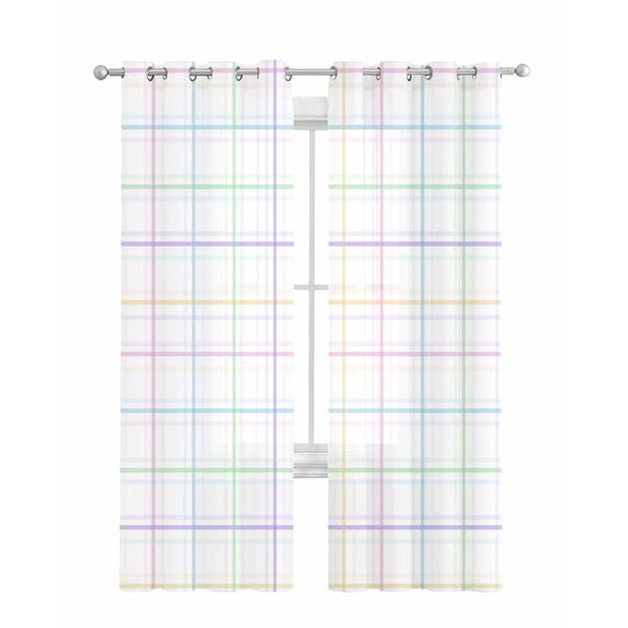 White Plaid Grid Sheer Curtains 84 Inch Length 2 Panels Set for Living Room/Bedroom, Colorful Line Modern Simple Geometric Kitchen Curtains Grommet Semi-Sheer Curtains Window Treatments 42"x84"x2