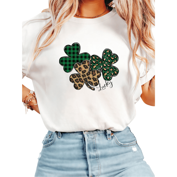 White Plaid Leopard Green Clover Print Tshirt St Patricks Day Graphic Tees Trendy Relaxed Fit Shirts Lucky Themed Festive Wear Tops S-5XL
