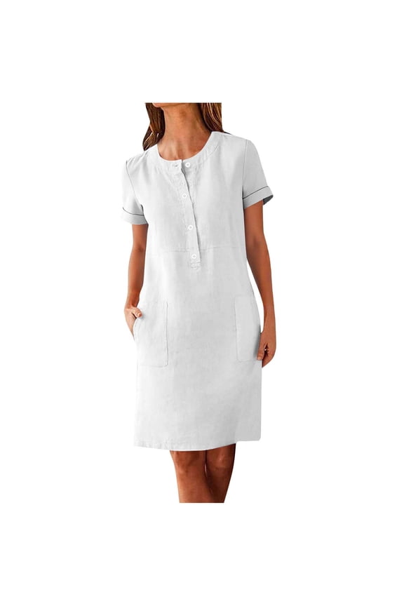 White Plain Dresses for Women Summer Fall Short Sleeve Boat Neck Faux Linen Midi Knee Length Dresses Women Button 2025 Soft Comfy Clothing Fashion Country Concert Y2K L