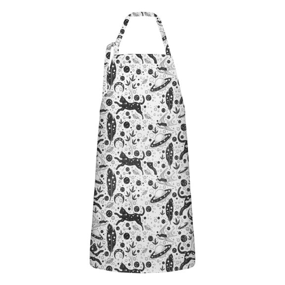White Planet Cat Feather Pattern Apron-Garden Aprons for Women with Pockets-Cotton Linen Waterproof Kitchen Cooking Gardening Aprons Adjustable for Kitchen,Cooking,BBQ and Salon 33x27 Inch