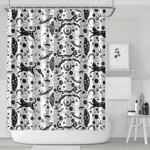 White Planet Cat Feather Pattern Shower Curtain 84"x72" ,Bathroom Decorative Shower Curtains Set with 12 Hooks,Modern Waterproof Washable Shower Curtain