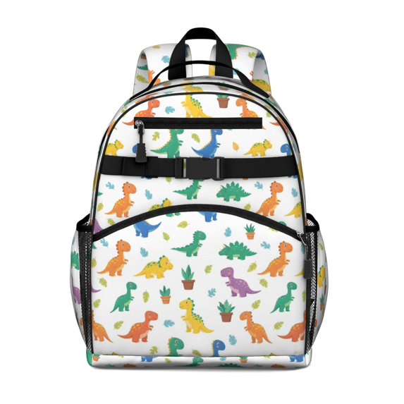 White Plant Dinosaurs Pattern Cute School Backpack Bag for School with Padded Back and Adjustable Shoulder Straps 15.25"x11.5"x5.25"