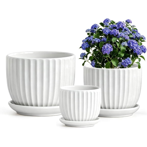 White Plant Pots,Ceramic Flower Pot Set of 3 with Drainage Holes & Saucers