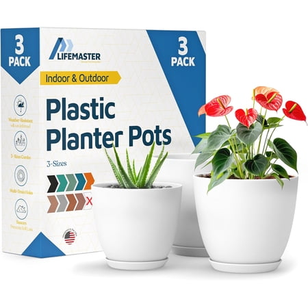 White Plant Pots with Drainage Holes & Saucers 3 Packs, Indoor & Outdoor Stackable Plastic Planters in Multiple Sizes for Houseplants & Flowers, Durable & Weatherproof Materials, Matte Finish