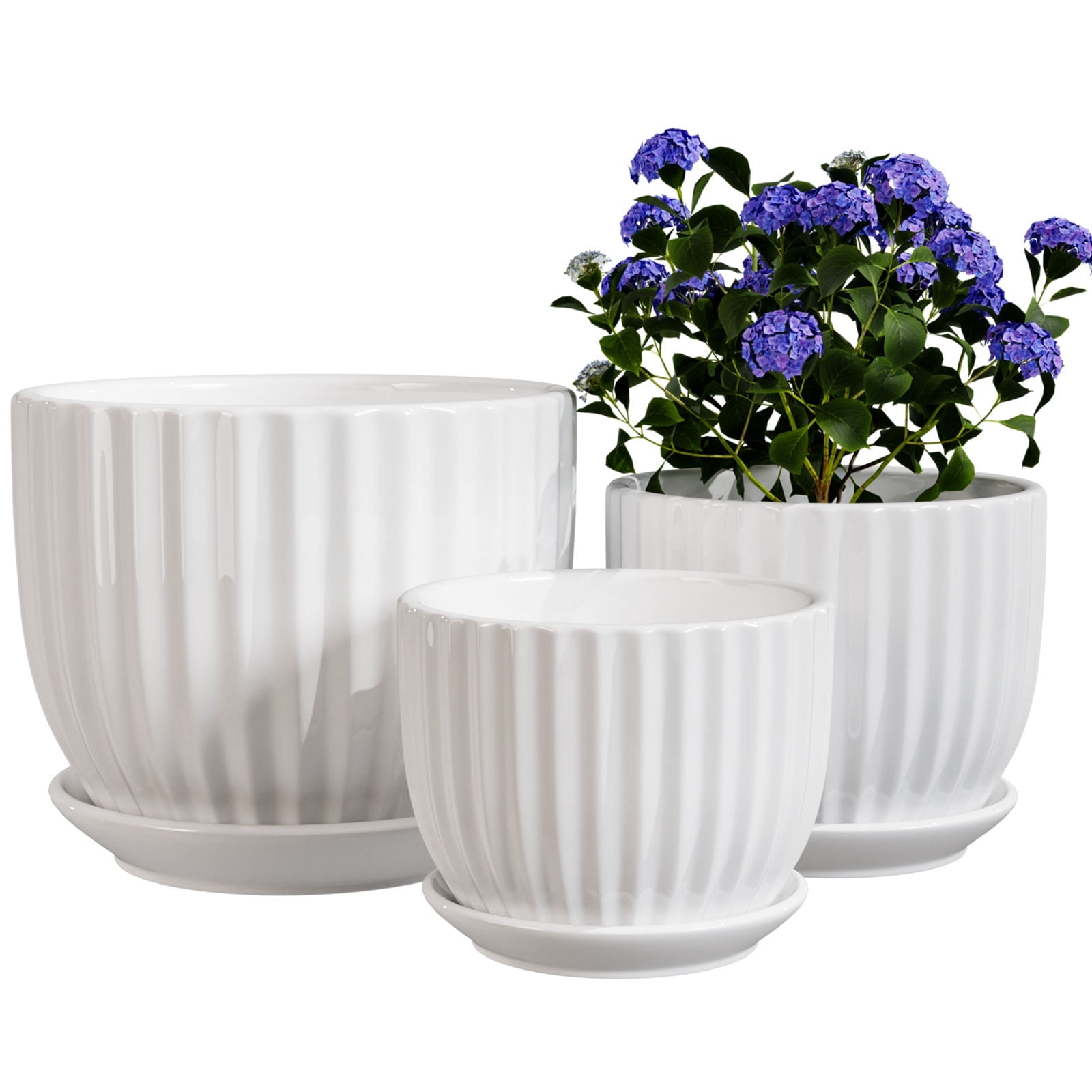 White Plant Pots Set of 3,Indoor Ceramic Flower Pot with Saucers,6.7"&5.5"&3.9" Inch Small to Medium Sized Planters for Plants,Round Modern Garden Pots