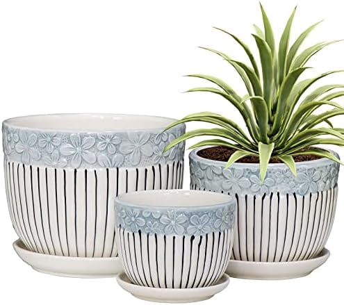 White Plant Pots Set of 3,Indoor Ceramic Flower Pot with Saucers,6.7"&5 ...