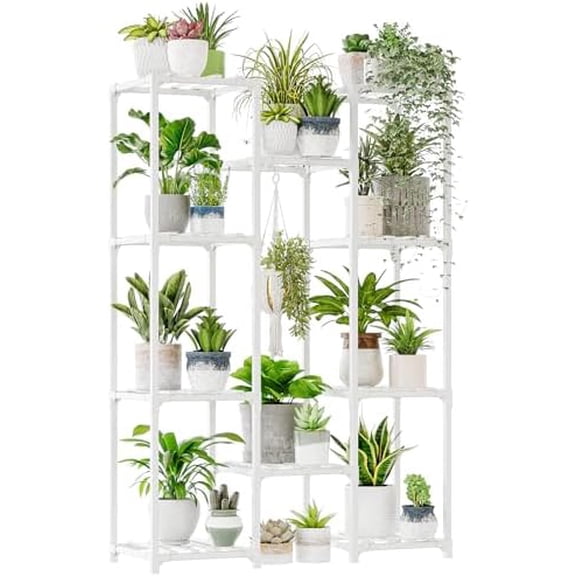 White Plant Stand Indoor/Outdoor Ladder Plant Rack, 3 Tiers for 7 Pots, Living Room Boho Decor