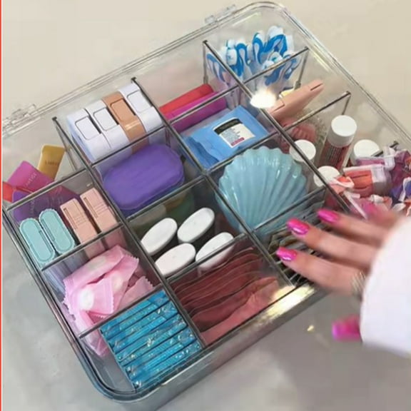 White Plastic 9-Compartment Storage Box, Flip Lid Organizer for Cosmetics, Large Capacity Desktop Container, Transparent