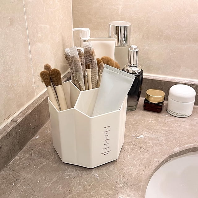 White Plastic Desktop Organizer with 5 Compartments, 360° Rotating Pencil Holder Caddy for Office Supplies, Art Brushes, Pens, Home or Classroom Storage, 16x16x10cm
