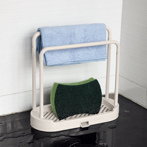 White Plastic Dish Drying Rack | 2-Tier Kitchen Sponge & Dishcloth Holder with Detachable Drainer Tray | Space-Saving Sink Organizer for Sponges, Brushes & Soap | 8X3.7X8In Countertop Storage