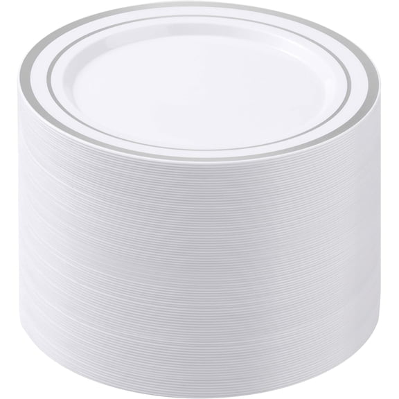 White Plastic Disposable Plates with Silver Rim 10.25 Inch