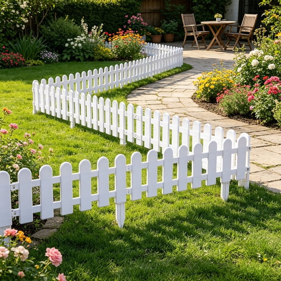 White Plastic Garden Border Fence, Interlocking Outdoor Landscape Edging, Plug-in Decorative Picket Fence for Lawn Flower Bed Vegetable Yard Patio Landscaping