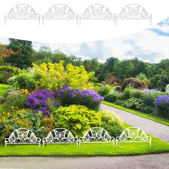White Plastic Garden Border Fence Panels 18.5" x 12.6" Weather Resistant Decorative Edging for Flower Beds Lawn Path Driveway with Ground Spikes, Easy Assembly, 4 Pack
