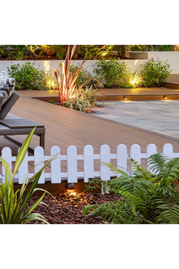 White Plastic Garden Fence 19.6x5.1 Inches, Vinyl Picket Fence Panel with 2 Inserts, Decorative Border Edging for Lawn, Flowerbeds & Yard, Temporary Fencing for Backyard