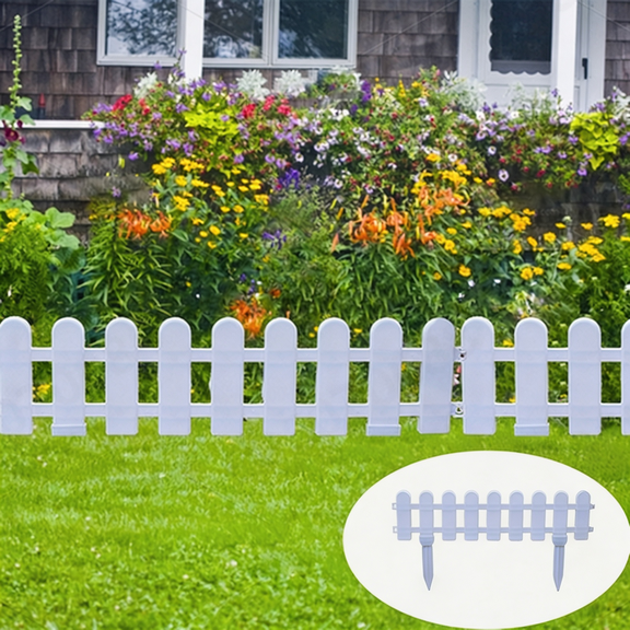 White Plastic Garden Fence, Decorative Landscape Edging with Ground Stakes, No-Dig White Picket Fence Panels for Flower Beds, Yard Pathway, Lawn & Outdoor Decor