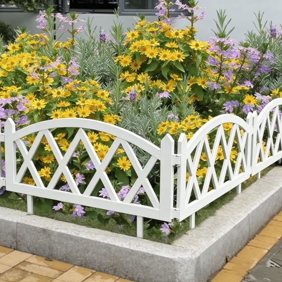 White Plastic Garden Picket Fence Border, Modular Lawn Flowerbed Edging Panel, Weather Resistant Durable Material, Easy Install, Decorative Space Divider For Yard Pathway Flower Gardens