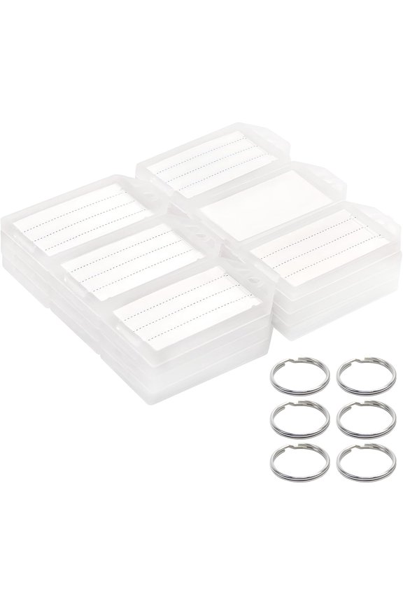 White Plastic Key Tags with Labels - 60 Pack Tough Key Chain Tag Rectangle ID Identifiers with Clear Label Window and Strong Split Ring for Luggage