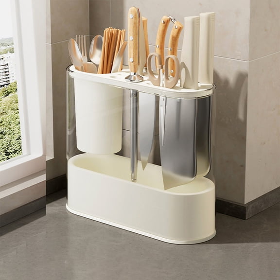 White Plastic Knife Block Storage Organizer Stand, Slot Clear Knife Holder Dock for Kitchen Cutlery, 9.64 x 3.26 x 8.38 Inch, Space-Saving Knife Rack for Home