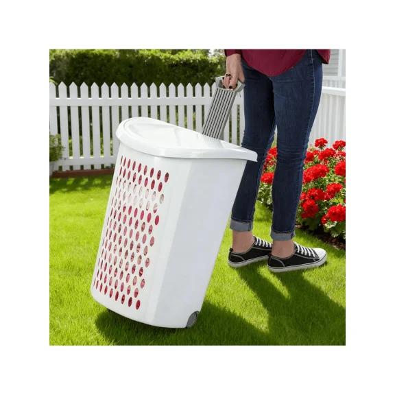White Plastic Laundry Hamper with Wheels & Handle - Spacious Durable Laundry Basket for Home & RV
